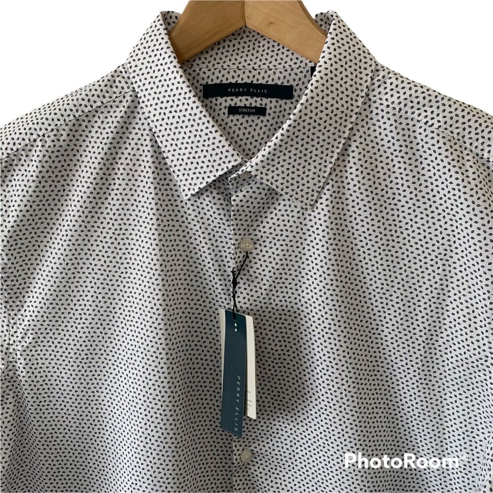 Perry Ellis Mens White Dot Pattern Shirt Cotton w Stretch Size Medium $79.50